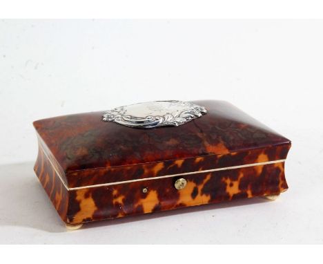 Victorian tortoiseshell, ivory and silver trinket box, the hinged lid with scroll and foliate cast silver cartouche initialle