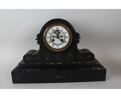 Large late Victorian black slate and green marble mantel clock, having white enamel dial with black roman numerals and visibl