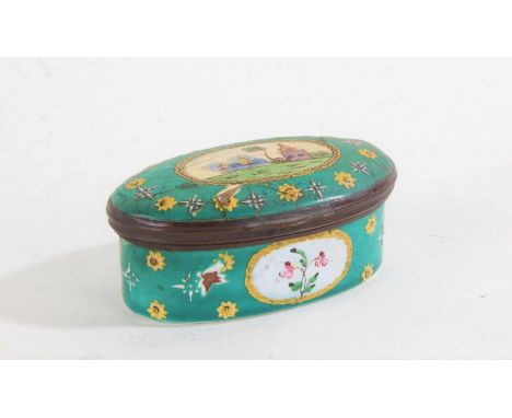 19th century enamel box, of oval form, painted with a scene of buildings within a green border with yellow flowers, 6cm wide