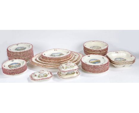 Cauldron pottery dinner service, each piece with countryside and seascape scenes with a ribbed edge and red dashes and floral