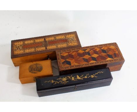 19th century rosewood Tunbridge ware box, with marquetry inlaid lid with geometric design, a 19th century inlaid cribbage boa