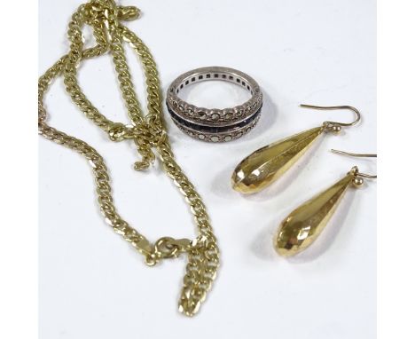 A silver stone set eternity ring, a 9ct gold flat curb link necklace, 2g, and a pair of unmarked yellow metal pendant earring