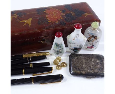 A group of 5 Vintage fountain pens with gold nibs, 3 Oriental porcelain and glass snuff bottles, an engraved silver cigarette