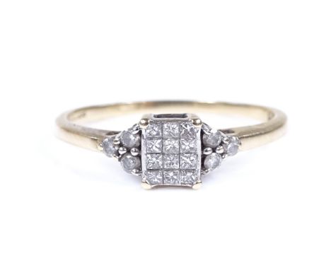 A 9ct gold diamond cluster panel ring, with Princess-cut central panel and round-cut diamond shoulders, setting height 6mm, s