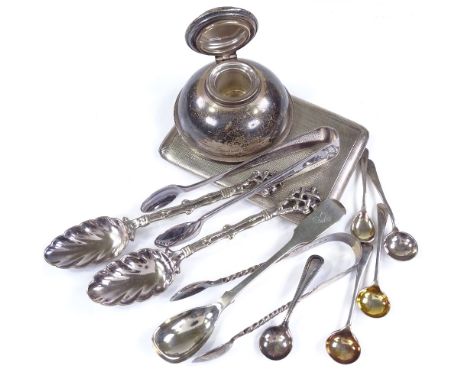 Various silverware, comprising Capstan inkwell, cigarette case, sugar tongs, spoons etc, 10oz weighable 