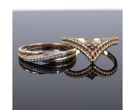 A 9ct gold diamond set wishbone ring, size M, together with a 9ct gold diamond crossover ring, size P, 2.6g total (2) 