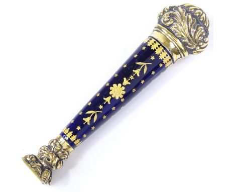 A 19th century French Palais Royale silver-gilt and enamel desk seal, with acanthus finial, gilded royal blue enamel handle a