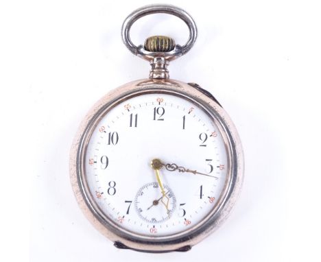 A Continental silver cased open-face top-wind pocket watch by JWC, engine turned case with subsidiary seconds dial and Arabic