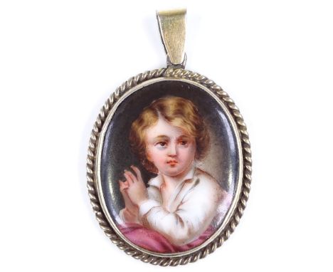A miniature painted portrait pendant on ceramic, in gilt-metal rope twist frame, height excluding bale 44.3mm 