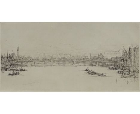 William Walcot, etching, Thames scene, signed in pencil, plate size 6" x 11.5", framed 
