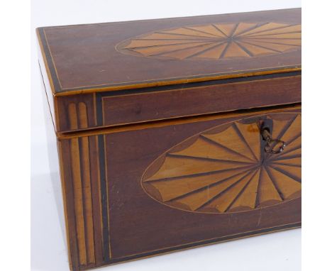 A 19th century mahogany and satinwood inlaid tea caddy, later velvet lining, width 26cm 