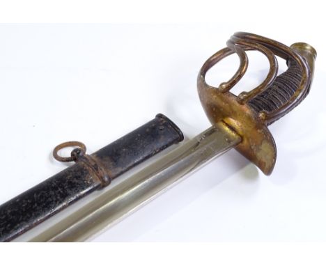 A First War Period German Army sword, gilt-brass basket hilt with wire woven wood grips, unmarked blade, original metal scabb