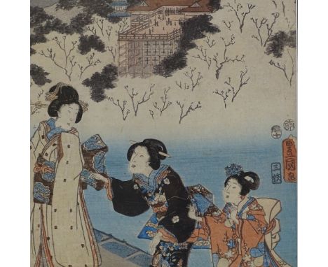 3 Japanese colour woodblock prints, 14" x 9", framed 
