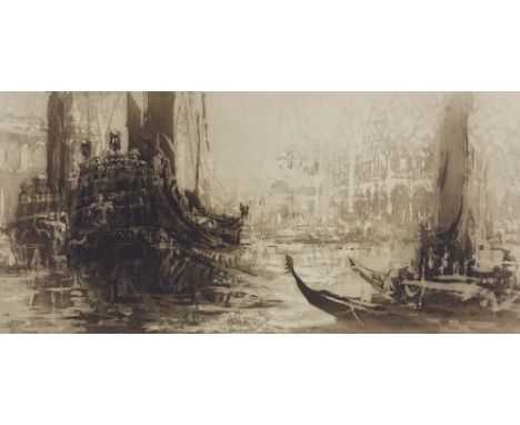 William Walcot, lithograph, scene in Venice, signed in pencil, plate size 10" x 23.5", mounted 