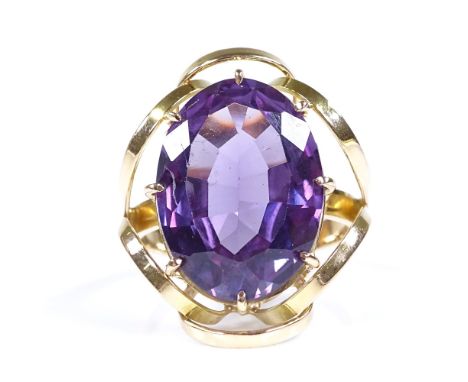 A large 14ct gold synthetic sapphire cocktail ring, setting height 24.6mm, size M, 7.8g 