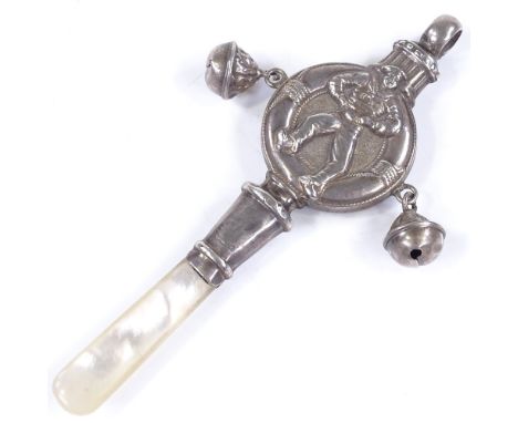 A silver baby's rattle, with mother-of-pearl teether and relief embossed sailor decoration, by Crisford &amp; Norris Ltd, hal