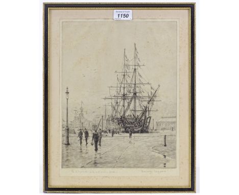 Rowland Langmaid, etching, Victory at Portsmouth, signed in pencil, plate size 12" x 9", framed 