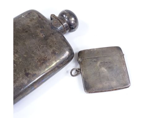 A curved silver hip flask, by Walker &amp; Hall, hallmarks Sheffield 1907, height 13cm, together with a silver Vesta case, 5.