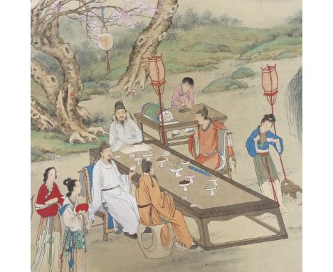 A Chinese painted scroll depicting a scholar painting in gardens, panel size 135cm x 69cm, purchased by the present vendor in