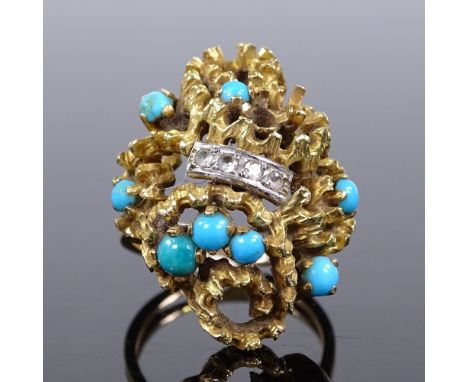 A large unmarked gold naturalistic turquoise and paste cocktail ring, setting height 27.2mm, size L, 11.9g 