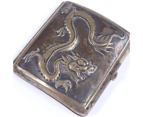 A Chinese silver curved cigarette case, with relief embossed dragon decoration and gilded interior, maker's marks KL, marks o