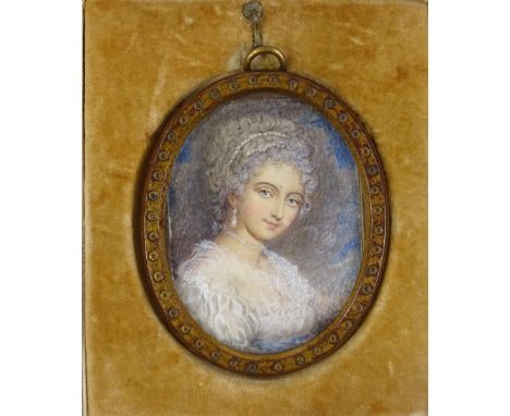 19th century miniature watercolour on ivory, portrait of a Gainsborough lady, unsigned, brass frame, overall height 3", in or