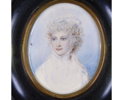 19th century miniature watercolour on ivory, head and shoulders portrait of a woman, unsigned, in ebonised frame, overall hei