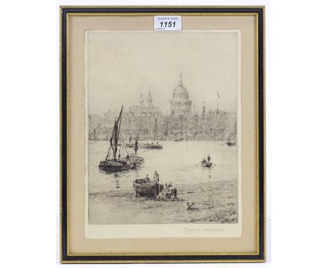 Rowland Langmaid, etching, St Paul's on The Thames, signed in pencil, plate size 11" x 8", framed 