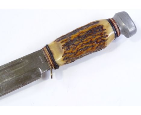 A mid-20th century hunting knife, blade stamped R Bayer Solingen, with horn-handle and leather sheath, length 33cm 