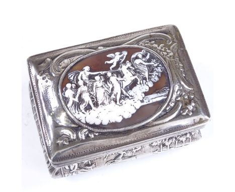 An Antique Dutch silver rectangular snuffbox, with inset relief carved cameo lid and embossed hunting scene border, length 8c