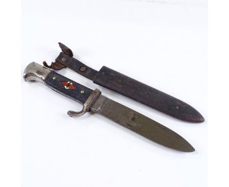 A German Second War Period Hitler Youth knife, original metal scabbard, overall length 26cm