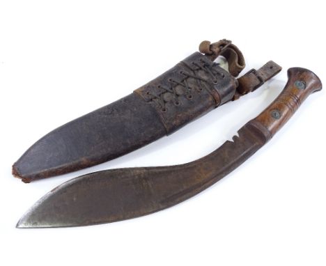 A Second War Period Gurkha Army kukri knife, with original bound leather scabbard 