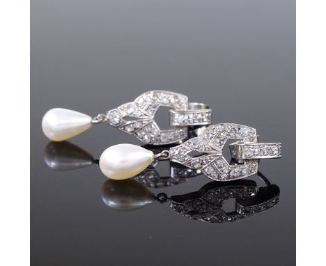 A pair of Art Deco 18ct white gold diamond and pearl drop earrings, height including drop 35.6mm, 7.5g total 