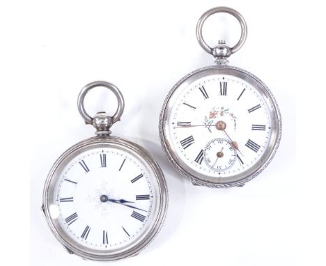 2 Continental silver cased open-face key-wind fob watches, with foliate engine turned cases, largest case width 40mm 