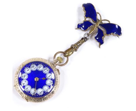 A 9ct gold cased Swiss open-face top-wind fob watch, with blue enamel dial and floral engraved case, on blue enamel and gilt-