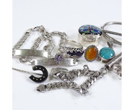 A group of silver jewellery, including a stone set bangle, a curb link chain etc 