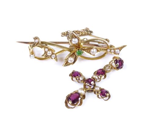 An Edwardian 15ct gold green garnet? and pearl floral bar brooch, together with an unmarked gold garnet and pearl cross penda