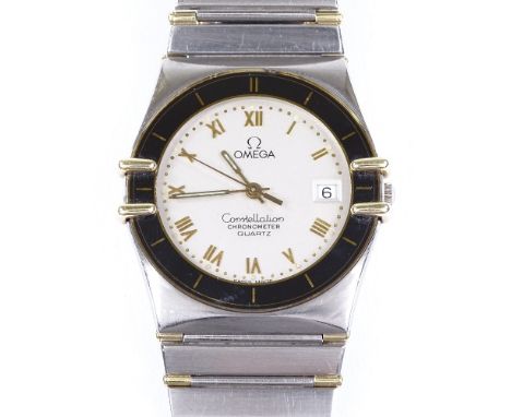 An Omega Constellation Chronometer Quartz wristwatch, 2-tone stainless steel and gold case, with black bezel, 3 jewel movemen
