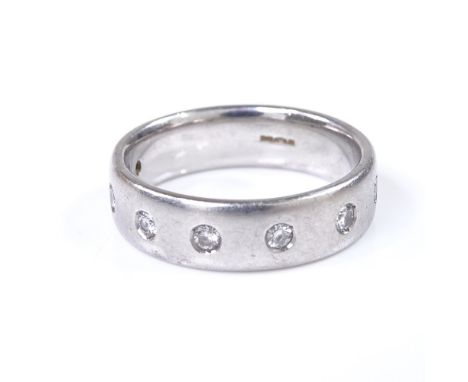 A platinum diamond set wedding band ring, total diamond content approx 0.35ct, band width 6mm, size R, 12.6g 