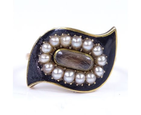 An unmarked gold pearl and black enamel mourning ring, with central hair panel under curved convex glass, setting height 14.1