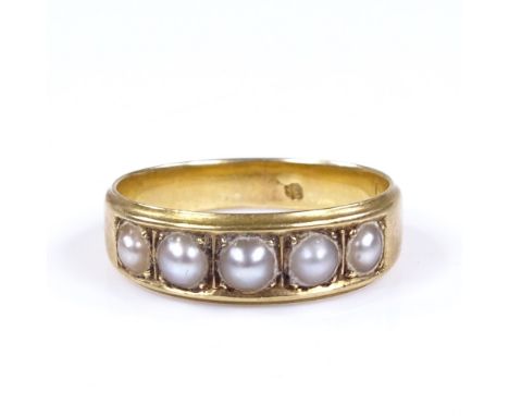 An 18ct gold 5-stone pearl half-hoop ring, band width 5.6mm, size J, 3.1g 