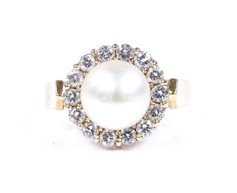 A 14ct gold whole pearl and diamond cluster ring, setting height 11.6mm, size J, 3.9g 