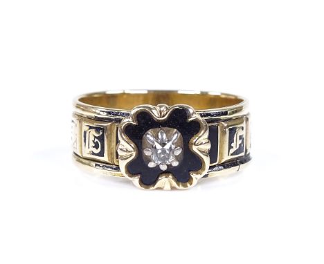 A Georgian unmarked gold enamel and diamond mourning band ring, inscribed inside shank "Sarah P Campbell who died 28th March 