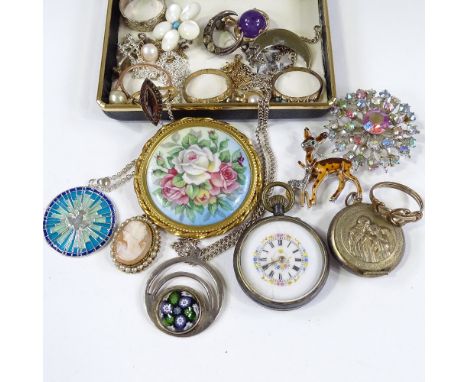 Various silver costume jewellery, including a fob watch, and enamel pendant etc 