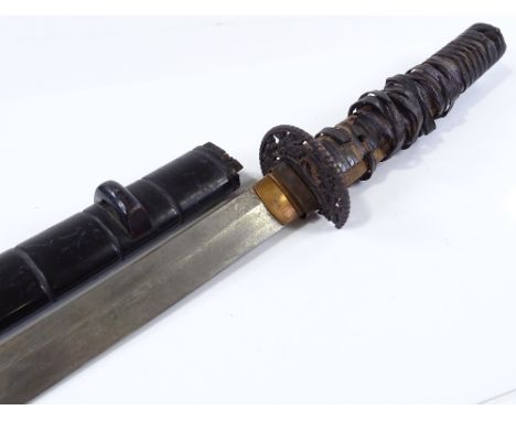 A Japanese sword, probably late 19th / early 20th century, with iron tsuba (broken), and original lacquer scabbard, all parts