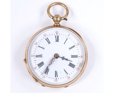 A Swiss unmarked gold open-face key-wind fob watch, 8 ruby movement with Roman numeral hour markers and engine turned case, c