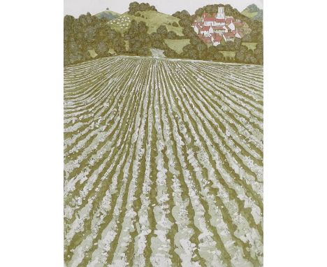 Simon Palmer, coloured etching, the village on the hill, signed in pencil, plate size 13.5" x 10", framed 
