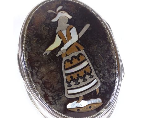 A Georgian silver and tortoiseshell picquet inlaid oval snuffbox, with mother-of-pearl set maiden hinged lid, by Thomas &amp;