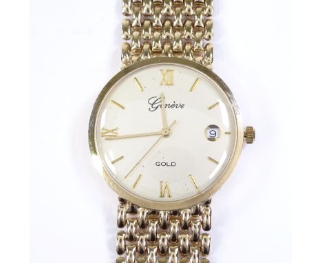 A 9ct gold Geneve Quartz wristwatch, on 9ct gate link strap with date aperture, case width 30mm, 31.2g gross, working order 