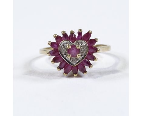 A 9ct gold ruby and diamond cluster heart ring, setting height 11.9mm, size P, 2.3g 